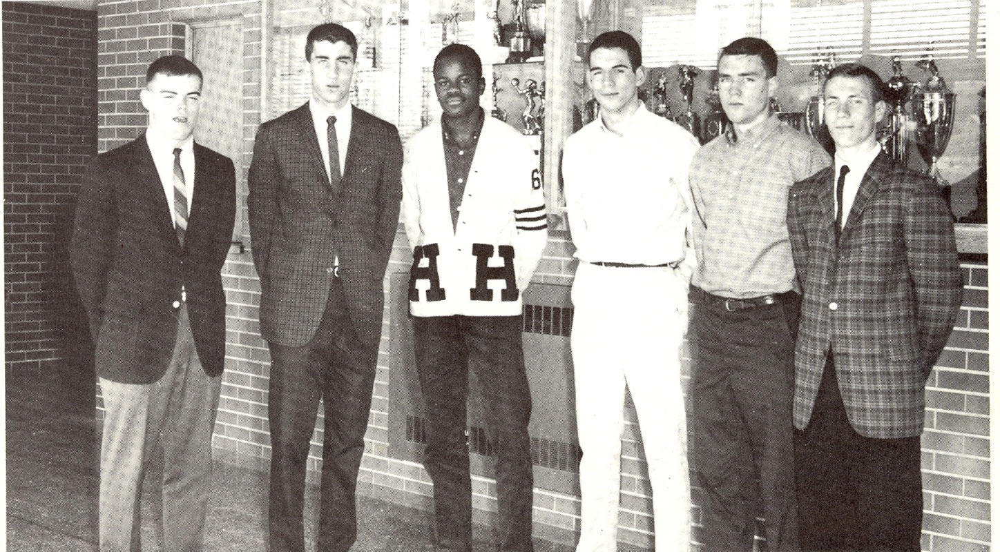 Chris Pettit (third from right) with fellow Boys' Athletic Council officers in the gym lobby.