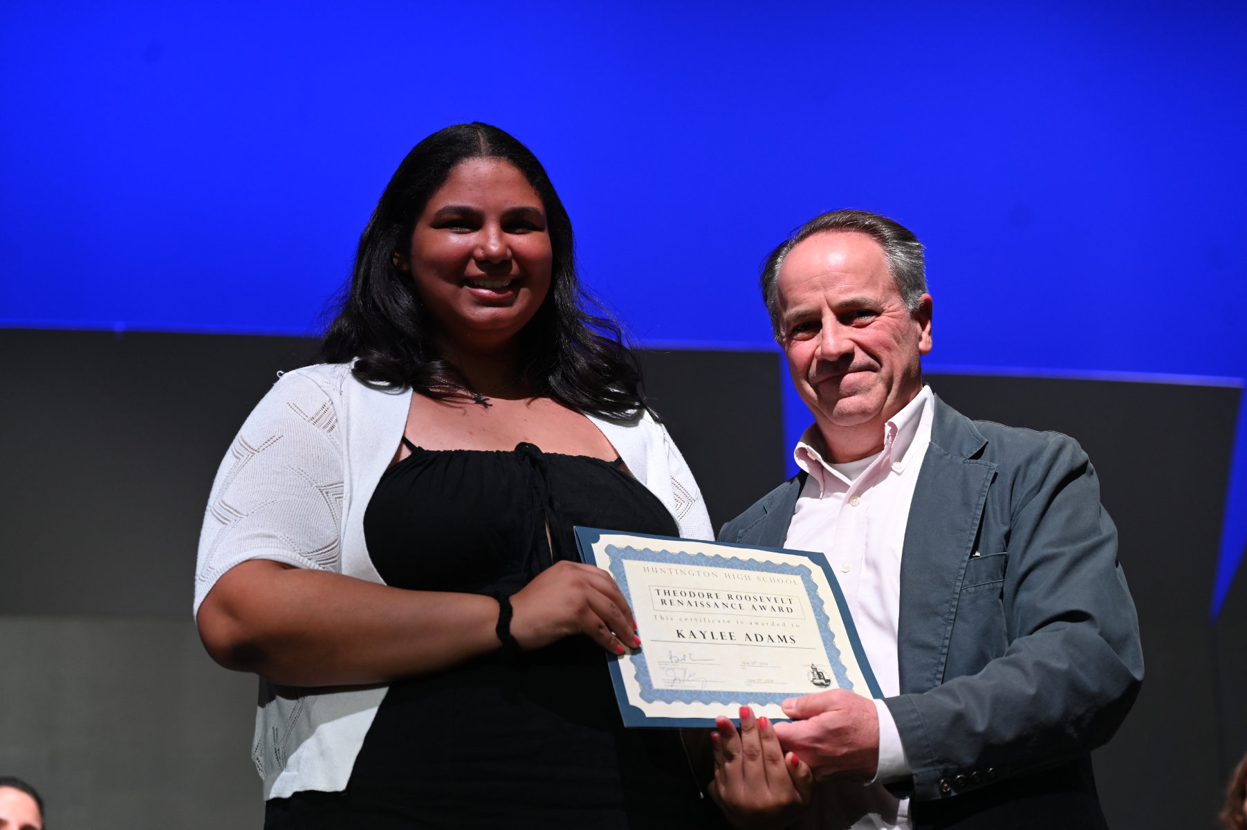   TR Award recipient Kaylee Adams with Chairman of Humanities Joseph Leavy   