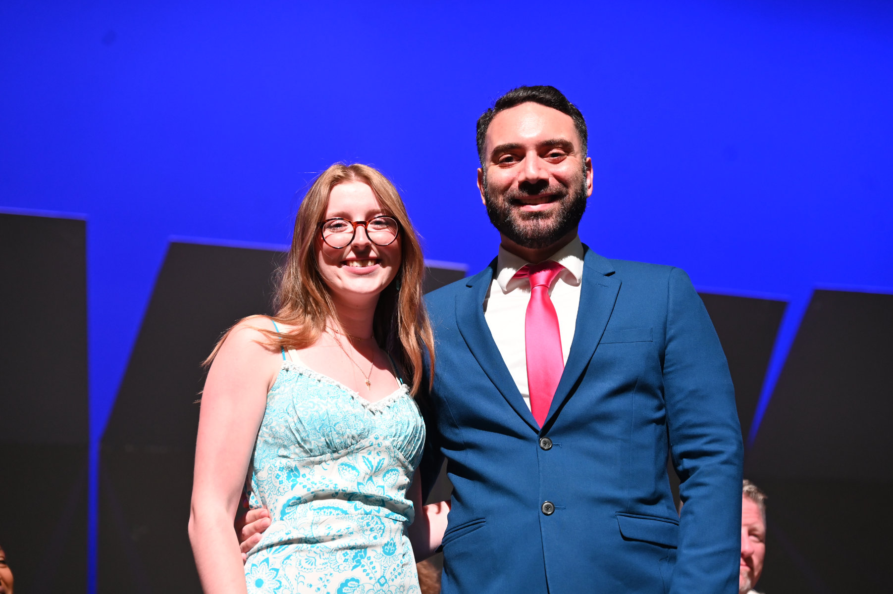  Thomas Karolyi scholarship recipient Lily Tierney with orchestra director James DiMeglio.  