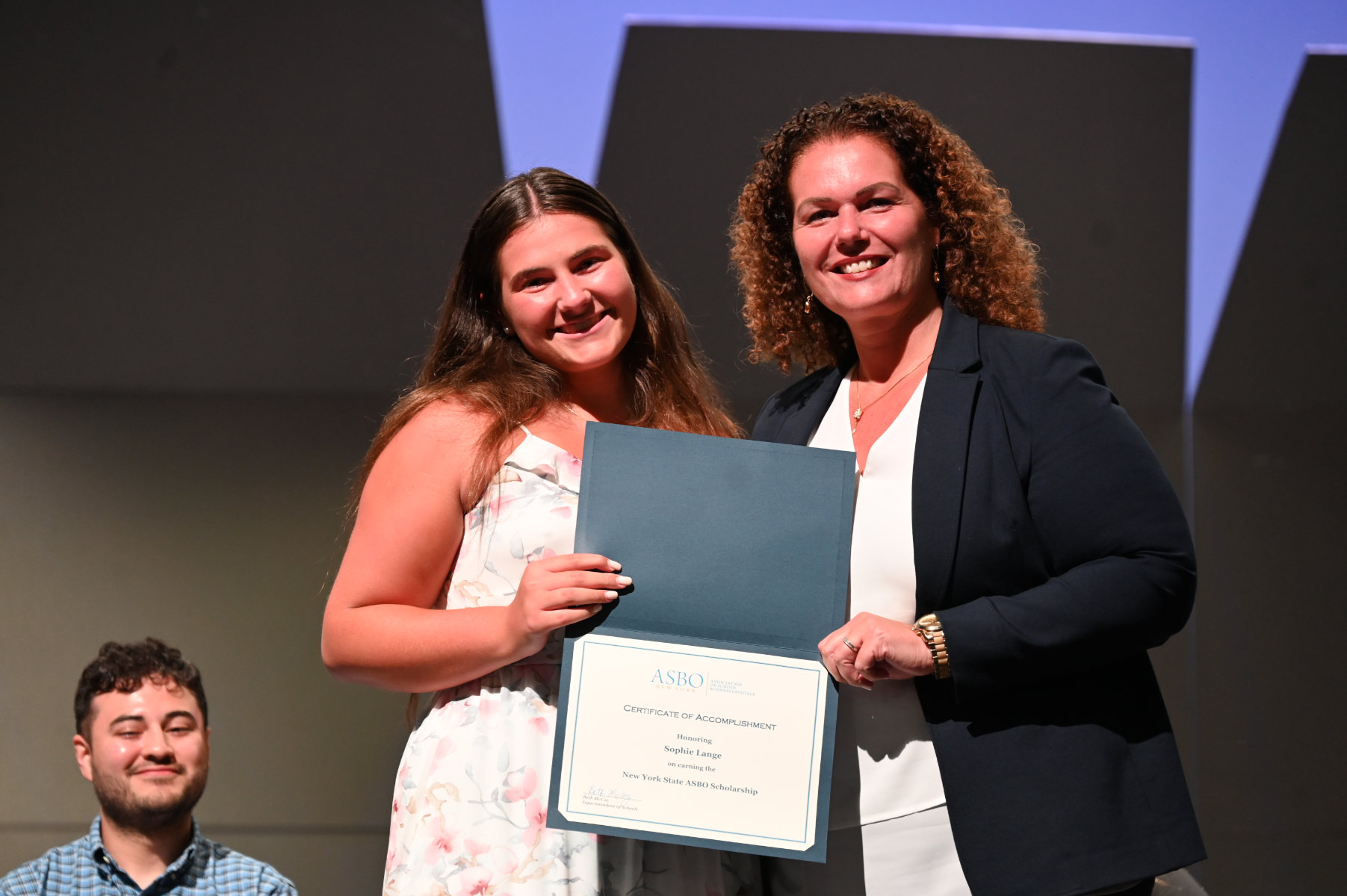  Supt. Beth McCoy with NYS Assn. of School Business Officials scholarship recipient Sophie E. Lange   