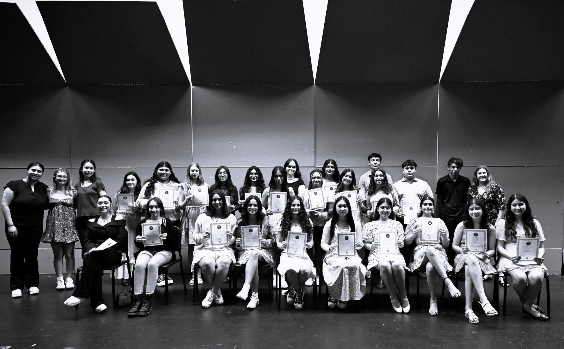  National Italian Exam participants (standing from left) Jack Oswald, Caleigh Camarata, Angelica Cunningham, Shelby Meystrik, Kellen Anderson, Steven Lapp, Haley Veliz Guardado, Tallulah Koepele, Katerin Reyes, Samantha Jimenez Acosta, Bryanna Chavez, Nayeli Umana Bustillo, Kayla Hernandez (kneeling from left) Sabino Gomez Morale and Lily Policastro  