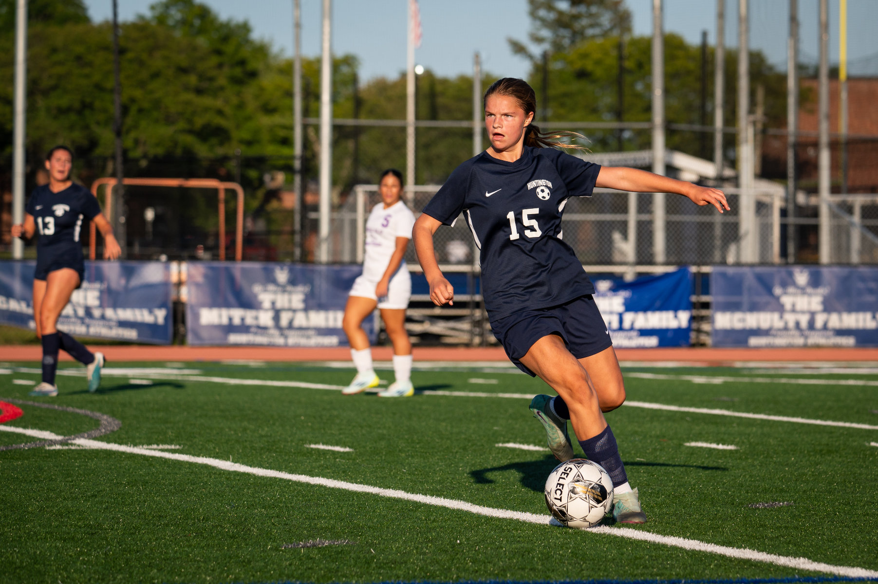 Sophmore Julia Hotine with the ball for the Huntington girls' soccer team. (Darin Reed photo.)