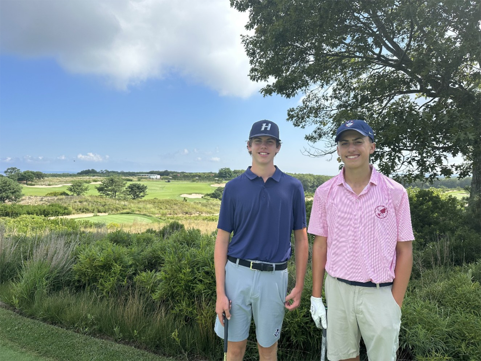 Will Donaghy And Jack Corcoran prepare to compete at the Bridge Golf Club on th East End.