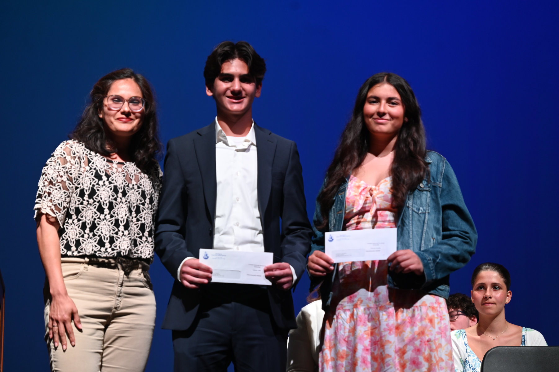 Dianna Bonilla with Provenzano scholarship recipients Anthony Addeo and Vincenza Garofalo.