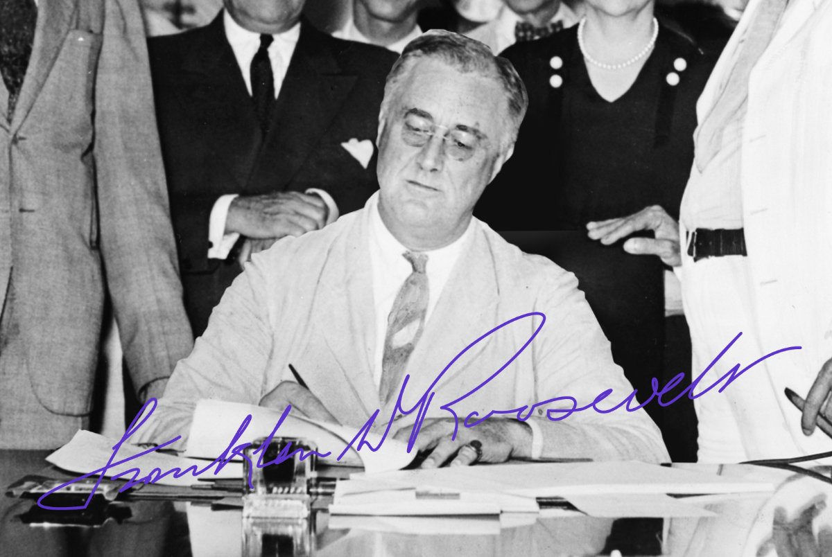  President Franklin D. Roosevelt signs the Social Security Act in the midst of the Great Depression.  